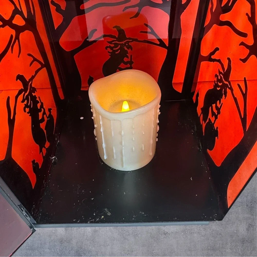 Illumination Halloween Witch Lantern LED Flameless Candle Black Red 13in Spooky